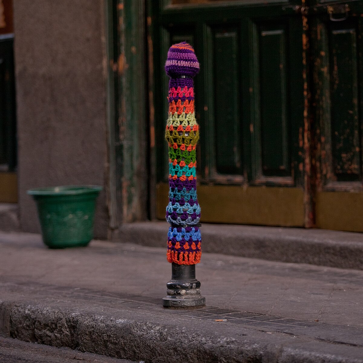 Bollard covered in yarn